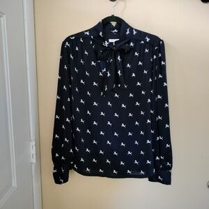 Free Assembly Bow Tie Blue White Horses Satin Button Up Blouse XL Preppy Office